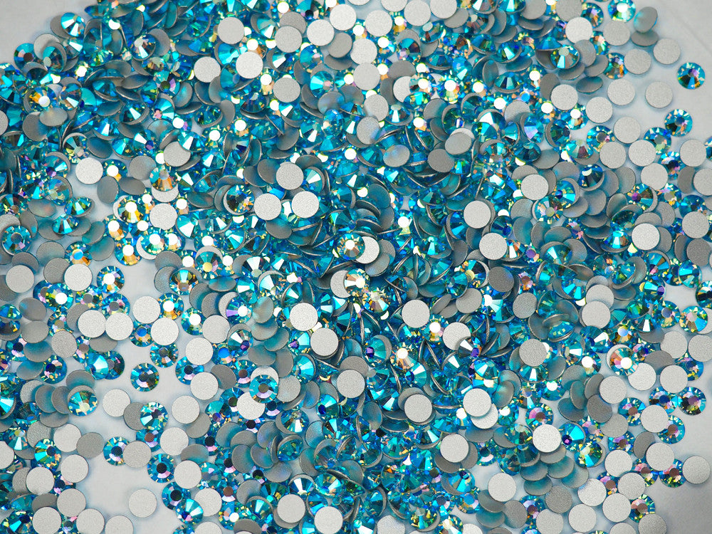 Aquamarine AB Preciosa Viva Chaton Roses Article 438-11-612 (Viva12 Rhinestone Flatbacks) Genuine Czech Crystals aqua blue coated with Aurora Borealis ss12 ss16