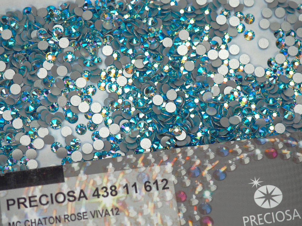 Aquamarine AB Preciosa Viva Chaton Roses Article 438-11-612 (Viva12 Rhinestone Flatbacks) Genuine Czech Crystals aqua blue coated with Aurora Borealis ss12 ss16