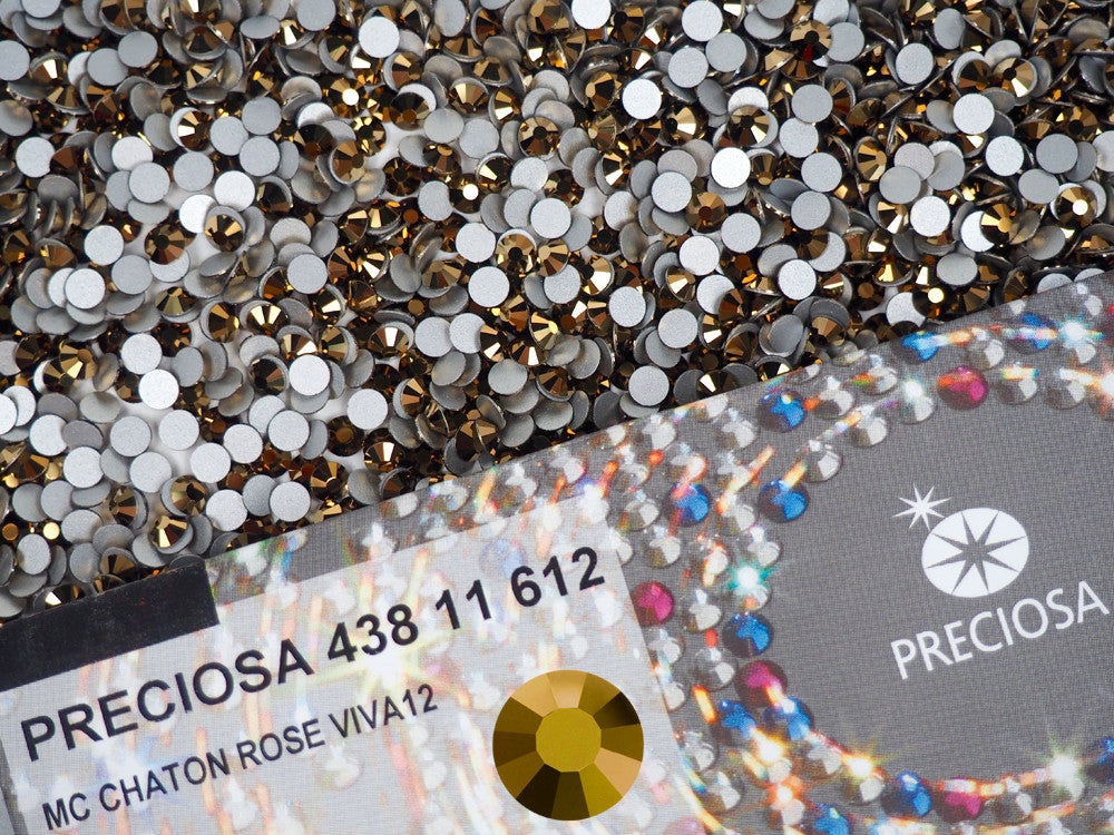 Crystal Monte Carlo Preciosa Viva Chaton Roses Article 438-11-612 (Viva12 Rhinestone Flatbacks) Genuine Czech Crystals clear coated with dorado bronze metallic ss16 ss20