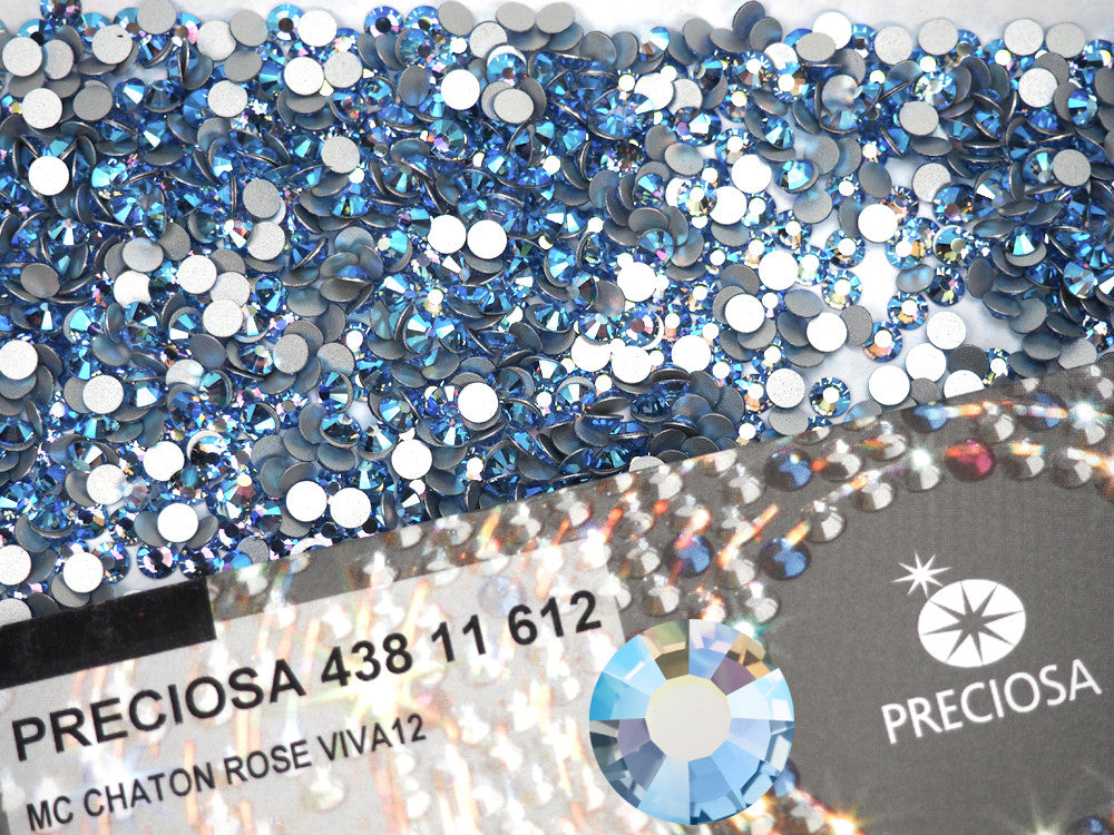 Light Sapphire AB, Preciosa VIVA or MAXIMA Chaton Roses (Rhinestone Flatbacks), Genuine Czech Crystals, light blue coated with Aurora Borealis